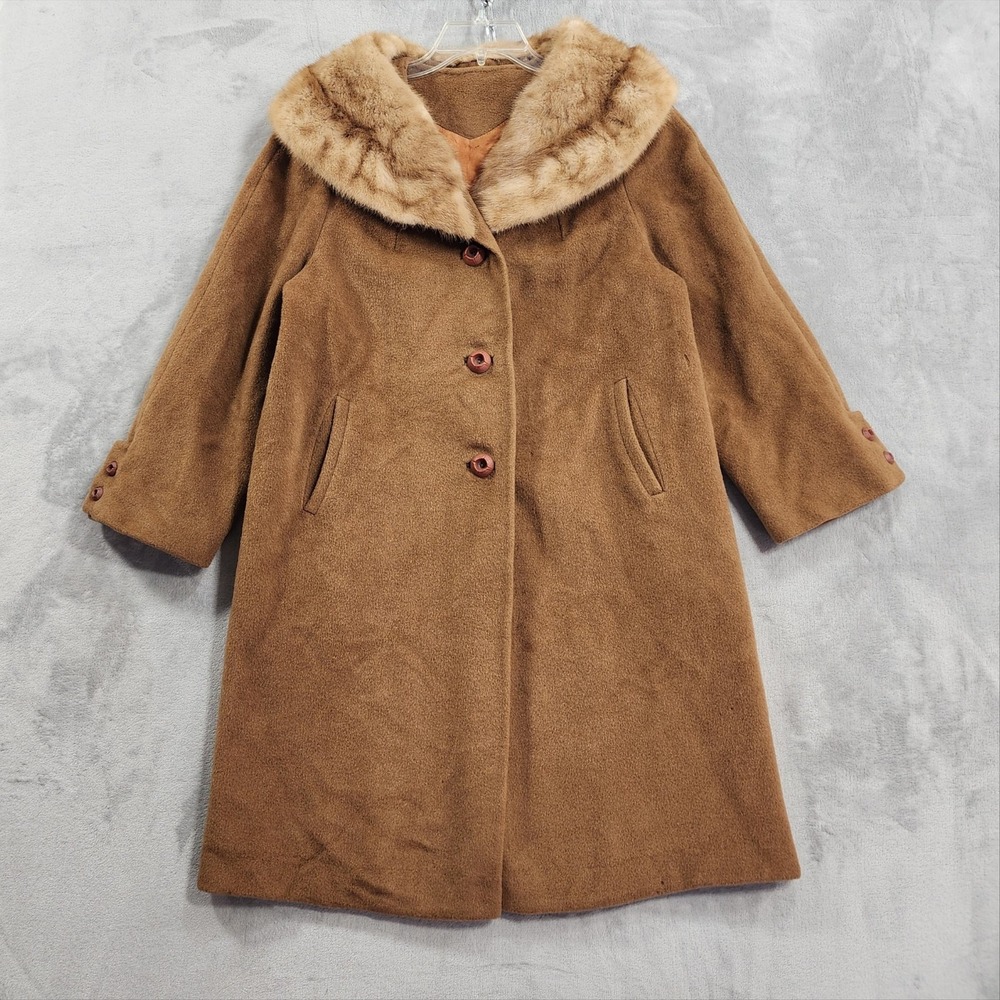 Vintage 60s Betty Rose Coat Womens L Brown Wool Fur Collar Overcoat Swing Mod